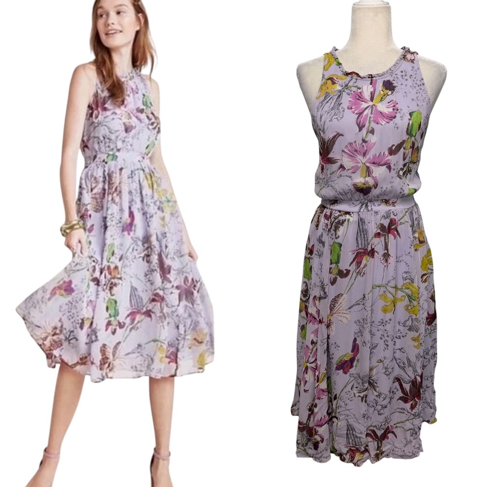 Anthropologie Dress Womens 14‎ Floral Ruffle Halter Feminine Garden Party Flowy